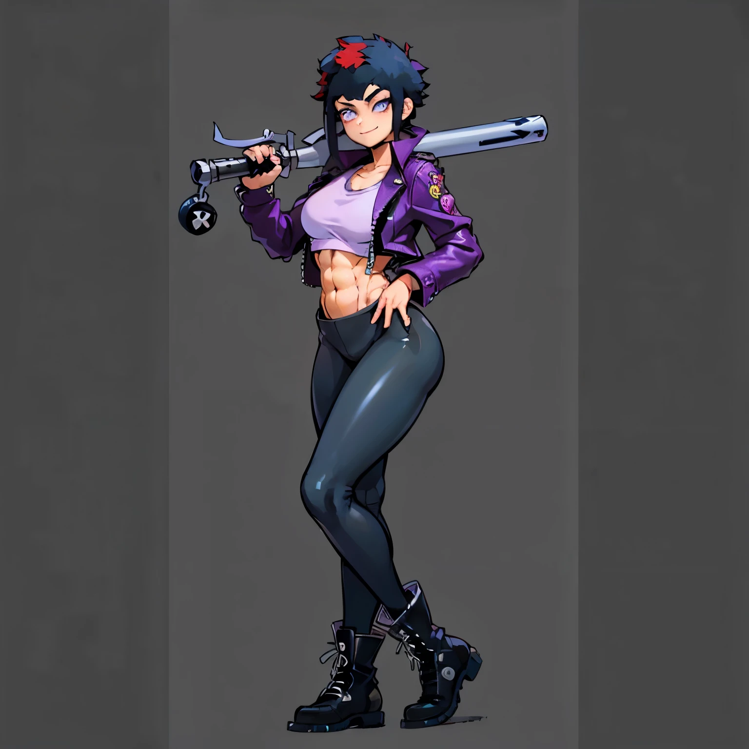 (((My Hero Academia Style))), (((Bibi))), (((Brawl Stars))), (((1girl))), (((female))), (((punk Girl))), (((punk))), (((Wide hips))), (((wide thighs))), (((medium breasts))), (((blue spiked leather jacket))), (((blue leather jacket))), (( (leather jacket with spikes))), (((lilac top tank))), (((top tank))), (((Abs))), (((exposed abdomen))), (((marked abdomen))), (((tight leggings black))), (((tight leggings))), (((black leggings))), (((baseball bat))), (((Holding a baseball bat))), (((holding a bat))), (((shark smile))), (((lilac eyes))), (((evil smile))), (((Black calf-high combat boots))), (((calf-high boots))), (((black calf-high boots))), (((combat boots))), (((combat boots black))), (((black boots))), (((calf-high combat boots))), (((hair black))), (((pompadour hairstyle))), (((black hair pompadour hairstyle))), (((perfect anatomy))), (((perfect hands))), (((super detailed))), ( ((full body photo:1.5))), (((cowboy shot:1.5))),