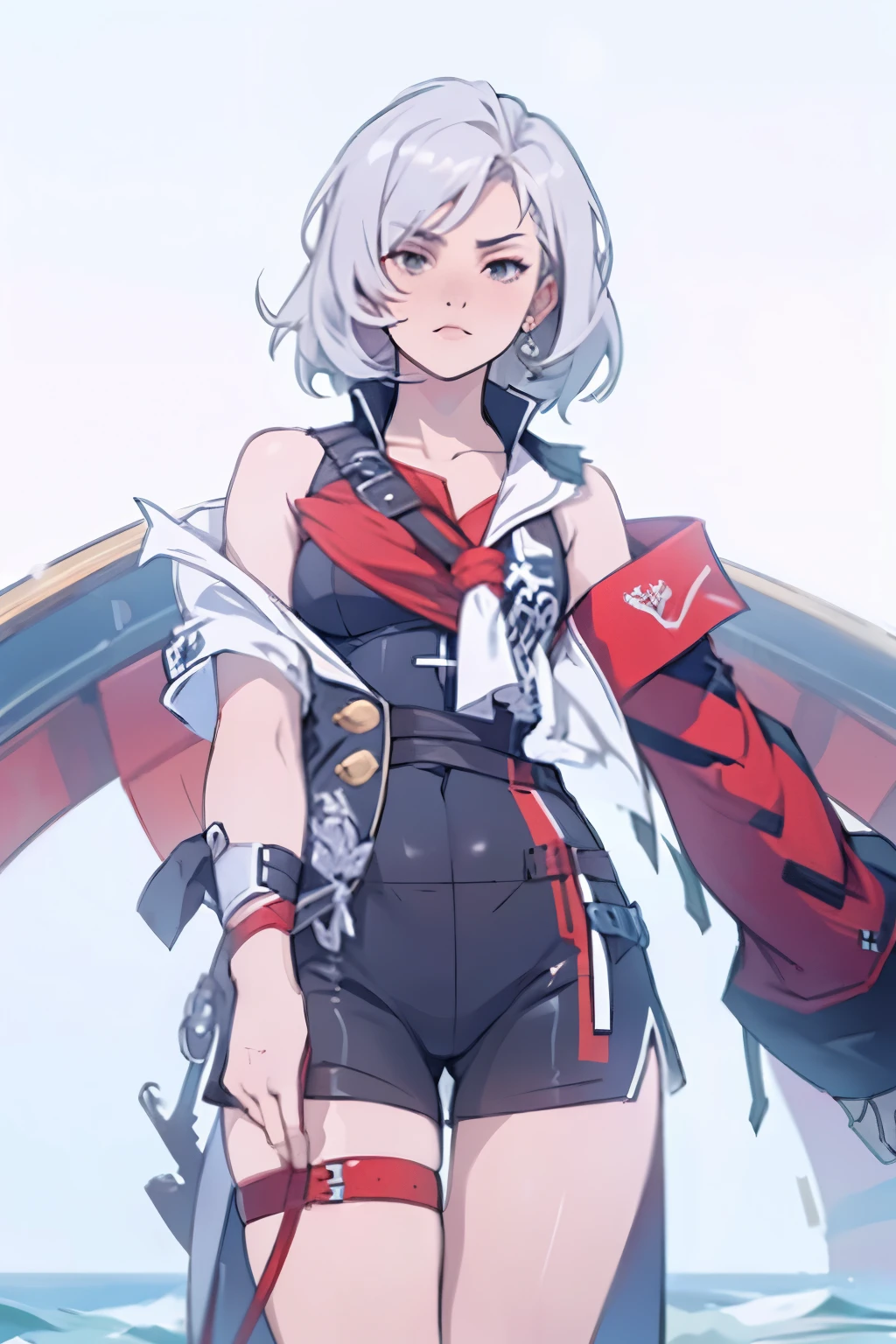 A woman with silver short hair and red mesh, nicknamed the female pirate, wearing a bold and flashy outfit, drifting on the open seas