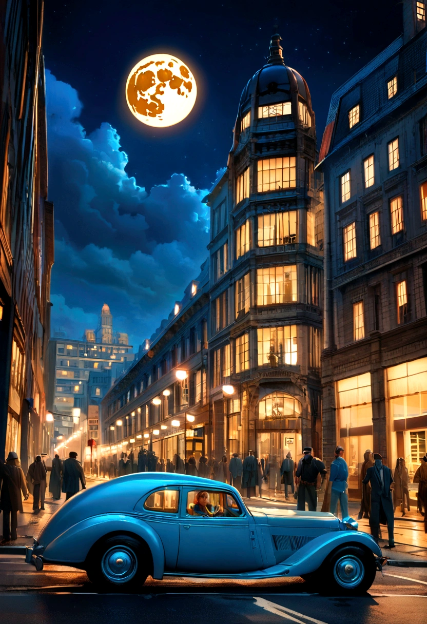 (Realistic construction, realistic image, rich in details) facade, bright sign written ¨Bank¨, streets, buildings, bank, central bank, 70s, night sky, small full moon, lights, night scenery.
Armed men in front of the central building, gangster style, vintage car.