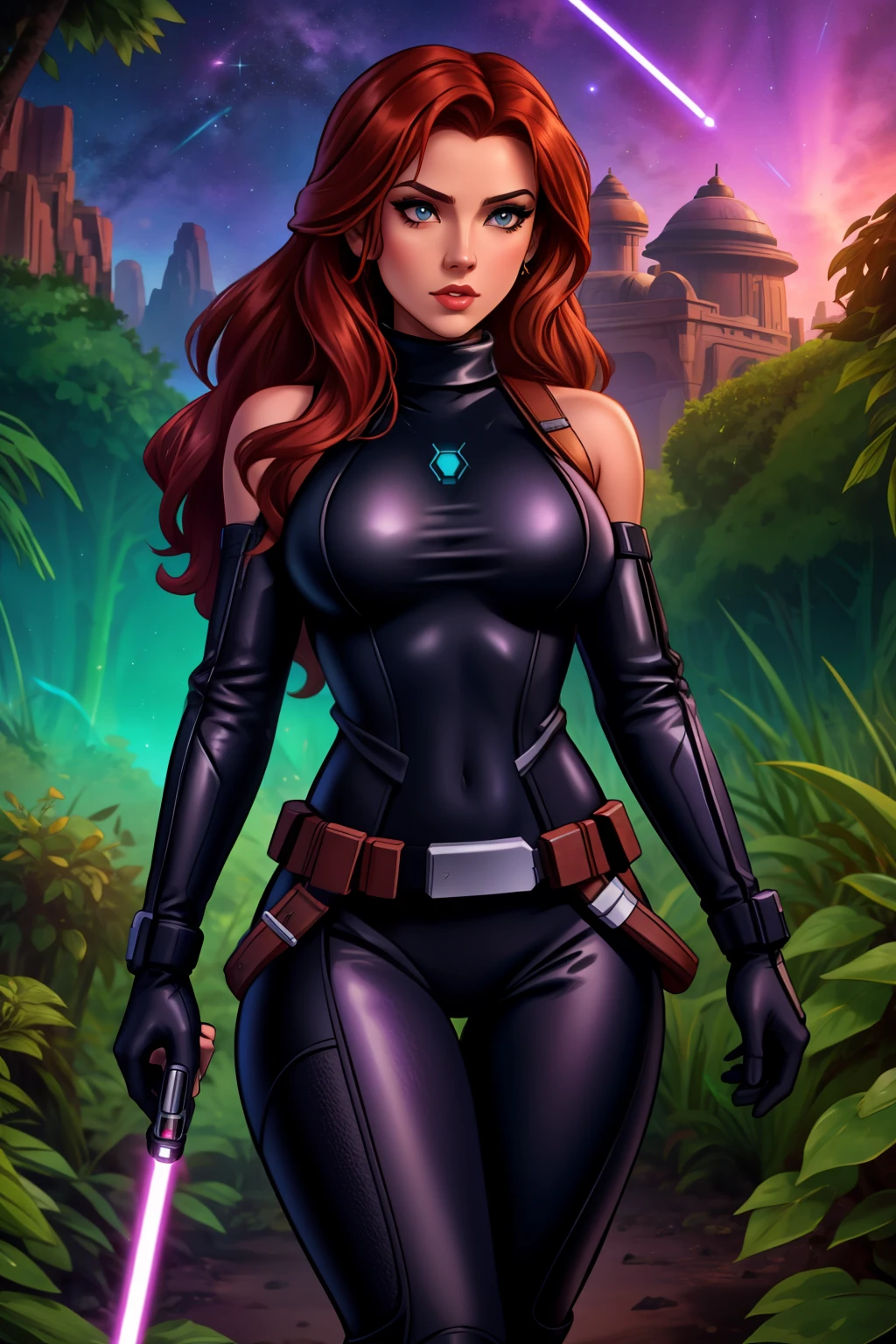 Star Wars based environment, Mara Jade, is depicted wearing her sleek, tight black leather suit. As she holds her purple lightsaber with a tight grip, her intense, piercing eyes convey a mix of determination and alertness. Background: Outdoors, jungle planet landscape, wooden structure in the surroundings
