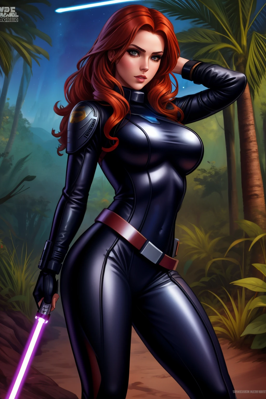 Star Wars based environment, Mara Jade, is depicted wearing her sleek, tight black leather suit. As she holds her purple lightsaber with a tight grip, her intense, piercing eyes convey a mix of determination and alertness. Background: Outdoors, jungle planet landscape, wooden structure in the surroundings
