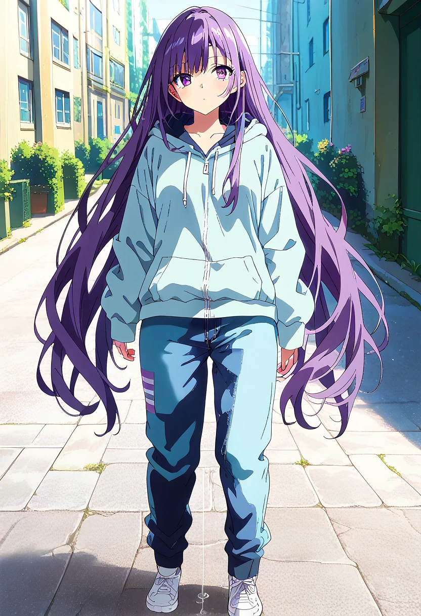 (masterpiece:1.37), best quality, (extremely detailed:1.37) woman, (adult:1.5), (very long hair:1.5), dark purple hair, purple eyes, (extremely detailed eyes:1.37), breasts, hoodie, jeans, (wetting:2.0), standing straight, full body day, daytime, glow, facing viewer, perfect composition, full body, city, street, anime style