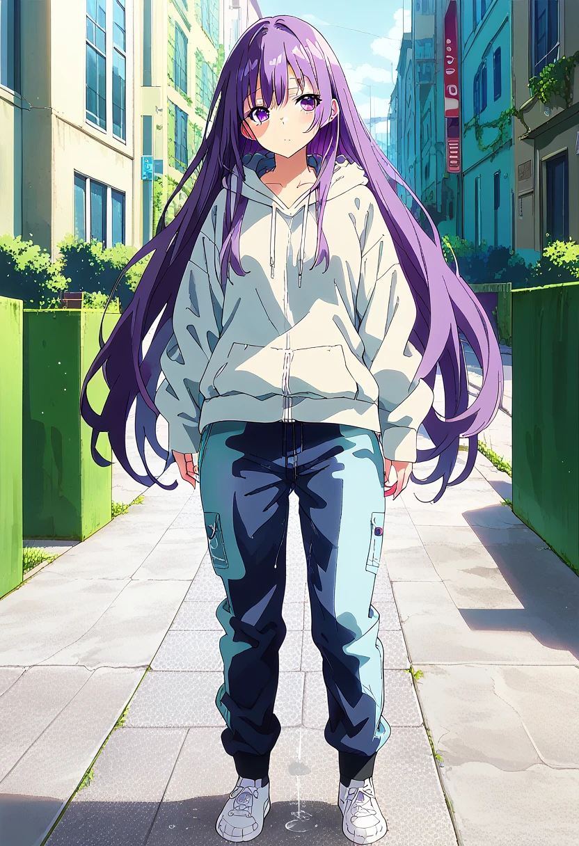 (masterpiece:1.37), best quality, (extremely detailed:1.37) woman, (adult:1.5), (very long hair:1.5), dark purple hair, purple eyes, (extremely detailed eyes:1.37), breasts, hoodie, jeans, (wetting:2.0), standing straight, full body day, daytime, glow, facing viewer, perfect composition, full body, city, street, anime style