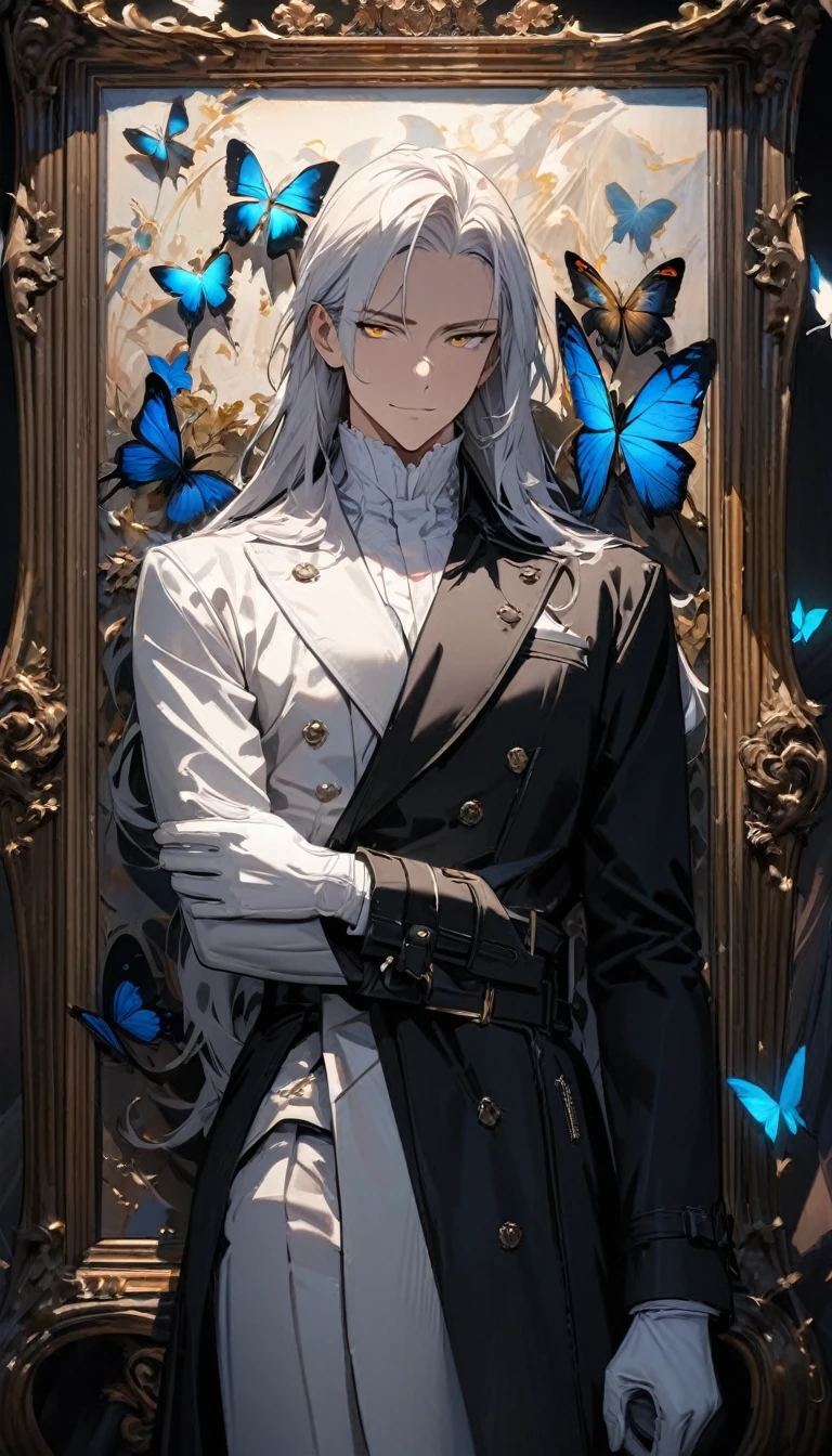 (masterpiece:1.5),best quality,(1 Handsome man),alone,white long length hair,(Golden eyes), (A soft smile),elegant,perfect face,Long black trench coat,white and blue cloth,white leather gloves,white lining,Slightly muscular body,High,8K,Beautiful contrast of light and shadow,Dark luxury background,(complete upper body),Positive face,luxury screen,Standing in front of the historical oil painting,Exquisite picture frame,((Butterfly)),Museum