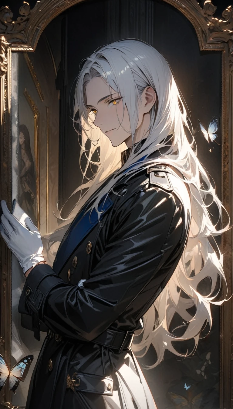 (masterpiece:1.5)，best quality，(1 Handsome man)，alone，white long length hair，(Golden eyes), (A soft smile)，elegant，perfect face，Long black trench coat，white and blue cloth，white leather gloves，white lining，Slightly muscular body，High，8K，Beautiful contrast of light and shadow，Dark luxury background，(complete upper body)，Positive face，luxury screen，Standing in front of the historical oil painting，Exquisite picture frame，((Butterfly))，Museum