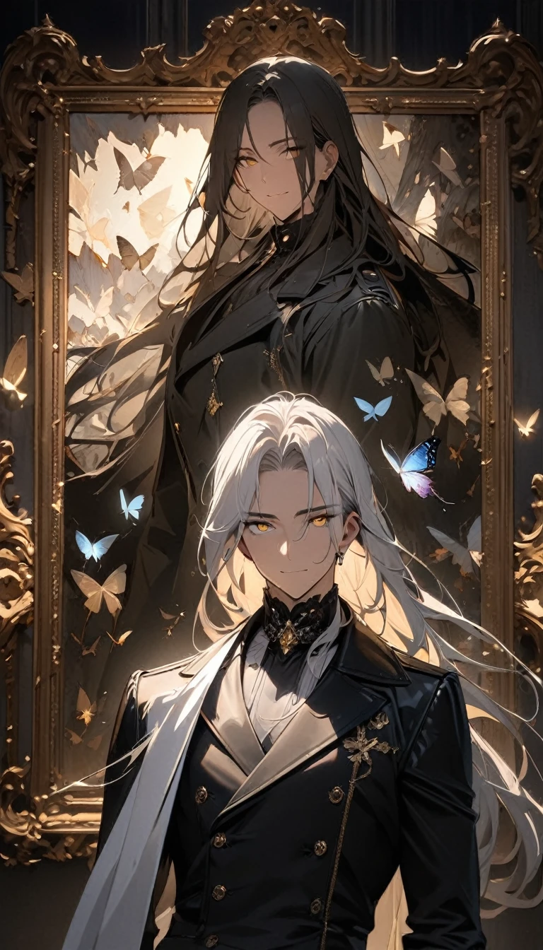 (masterpiece:1.5),best quality,(1 Handsome man),alone,white long length hair,(Golden eyes), (A soft smile),elegant,perfect face,Long black trench coat,white and blue cloth,white leather gloves,white lining,Slightly muscular body,High,8K,Beautiful contrast of light and shadow,Dark luxury background,(complete upper body),Positive face,luxury screen,Standing in front of the historical oil painting,Exquisite picture frame,((Butterfly)),Museum