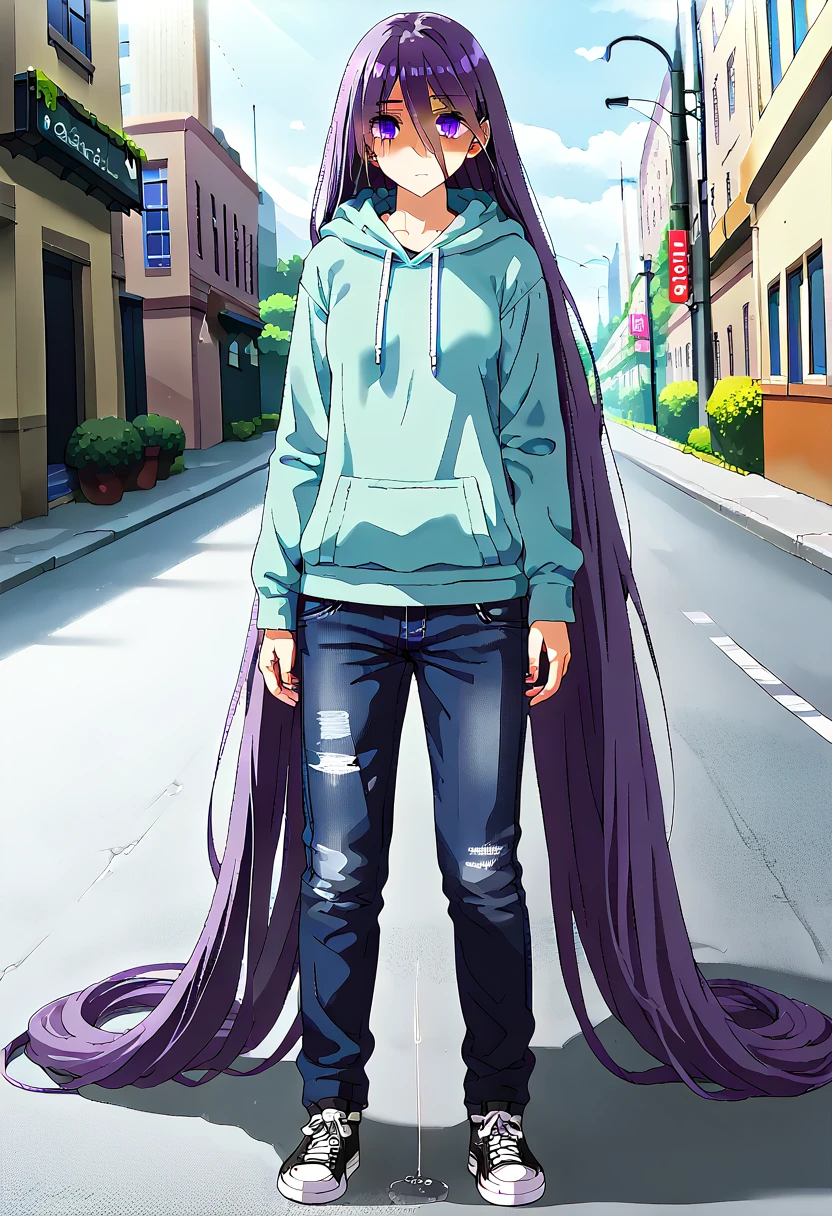 (masterpiece:1.37), best quality, (extremely detailed:1.37) woman, (adult:1.5), (very long hair:1.5), dark purple hair, purple eyes, (extremely detailed eyes:1.37), breasts, hoodie, jeans, (wetting:2.0), standing straight, full body day, daytime, glow, facing viewer, perfect composition, full body, city, street, anime style