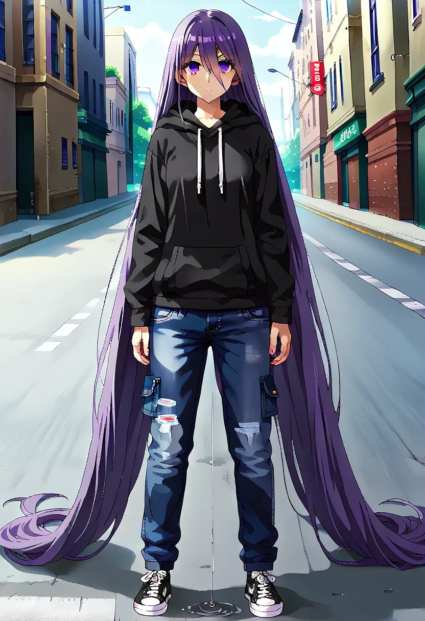 (masterpiece:1.37), best quality, (extremely detailed:1.37) woman, (adult:1.5), (very long hair:1.5), dark purple hair, purple eyes, (extremely detailed eyes:1.37), breasts, hoodie, jeans, (wetting:2.0), standing straight, full body day, daytime, glow, facing viewer, perfect composition, full body, city, street, anime style