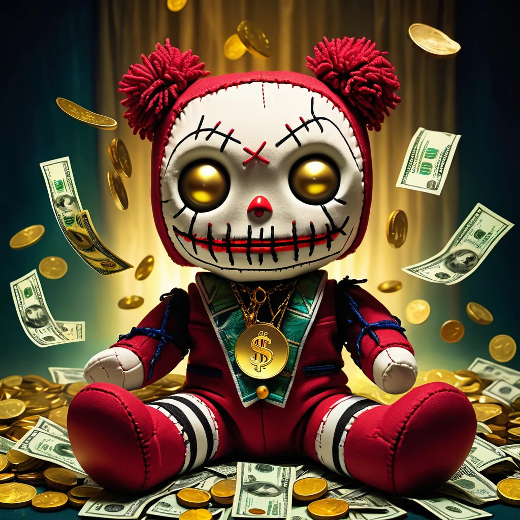 (knitted toy voodoo doll:1.5), (Voodoo with Falling Money:1.3), (Clothing: casual attire:1.0), (Accessories: enchanted money bag, glowing coins:1.1), (background: surreal scene with floating dollar bills, glowing coins, and a golden aura:1.2), best quality, masterpiece, detailed soft oil painting, detailed background, dramatic cinematic lighting, soft edge lighting, professional, dramatic lighting, hard edge lighting, ultra quality, 4k,masterpiece, best quality, 8k, ultra highres, highres, extremely detailed