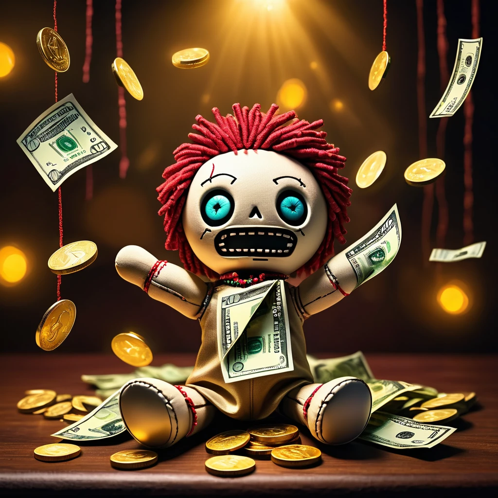 (knitted toy voodoo doll:1.5), (Voodoo with Falling Money:1.3), (Clothing: casual attire:1.0), (Accessories: enchanted money bag, glowing coins:1.1), (background: surreal scene with floating dollar bills, glowing coins, and a golden aura:1.2), best quality, masterpiece, detailed soft oil painting, detailed background, dramatic cinematic lighting, soft edge lighting, professional, dramatic lighting, hard edge lighting, ultra quality, 4k,masterpiece, best quality, 8k, ultra highres, highres, extremely detailed