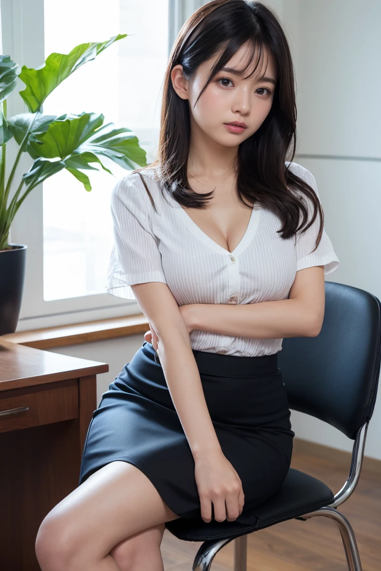 [[((young attractive Singaporean woman with fair skin, long straight dark black hair, striking almond-shaped eyes, and a slim figure with a medium bust size:1.6)), ((Sophie Tan:1.5)), standing in a modern BPO office, with her back to the camera. She is wearing ((a tight, short business skirt paired with a fitted white blouse and high heels:1.4)), showcasing her professional yet sexy look. Her hair is styled in a sleek bun, and she has a seductive, confident gaze over her shoulder. The background features cubicles, computers, and office decor. The scene is captured with a ((full-frame DSLR:1.4)) using a ((35mm prime lens:1.4)) to keep Sophie in sharp focus while the background is slightly blurred. Post-production enhances the office lighting and adds a ((soft bokeh effect:1.3)) to the background. The image should be in ((8K resolution:1.5)) with ((hyper-realistic detail:1.6)). The backdrop highlights the modern BPO office with detailed textures of the cubicles and equipment. The focus is on Sophie's professional attire and seductive, confident gaze, capturing the essence of a sexy virtual assistant. The overall composition is designed to evoke a sense of professionalism and allure, making it a captivating feature image for any publication.]]