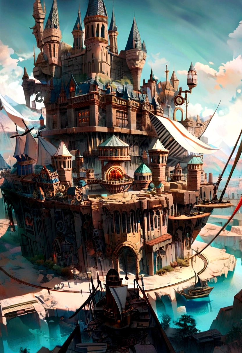 ((Steampunk Castle)),Floating((Hollow)),((((The castle is equipped with sails)))),Vibrant colors,SF Aesthetics,Intense perspective,Modern miracle,Positive Thinking,Technological advances