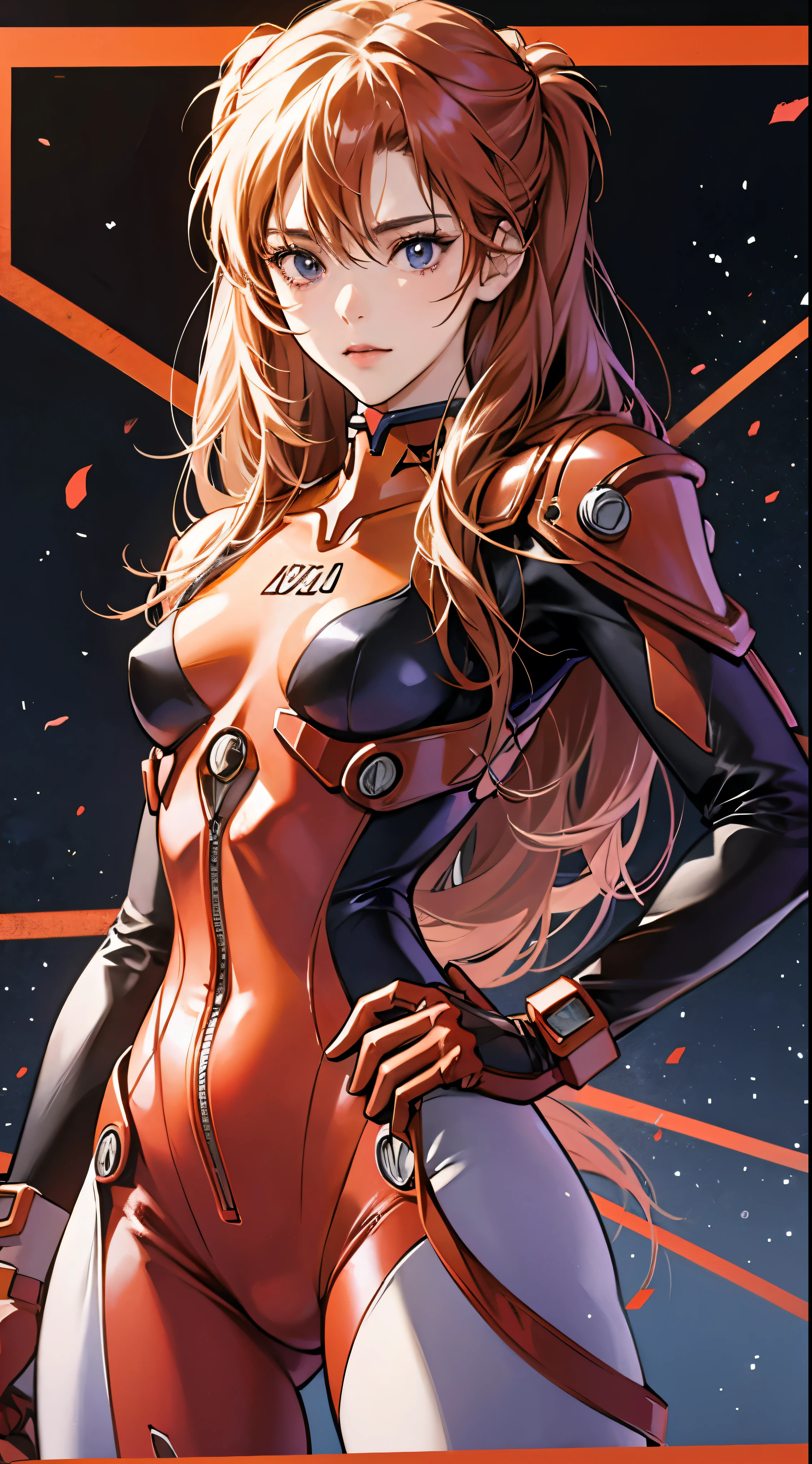 Neon Genesis Evangelion anime characters、Asuka Langley、Dressed in a bright red armor suit、She gracefully poses in front of the camera in high definition footage.。Evangelion: New Theatrical Edition、The background is Evangelion Unit 1.、Provides a breathtaking backdrop for your operations。Asuka raised her hand in determination.、