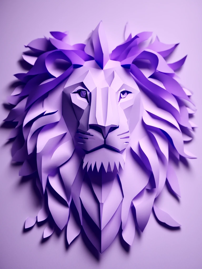 a close up of a paper Lion head on a purple background, paper craft Low Poly, Lion head, made of paper, Paper art, half lion, Paper plastic art, layered Paper art, made of paper, Low Poly, Low Poly, Low Poly digital art, Polygonal Art, Low Poly art, third Lion head, Low Poly