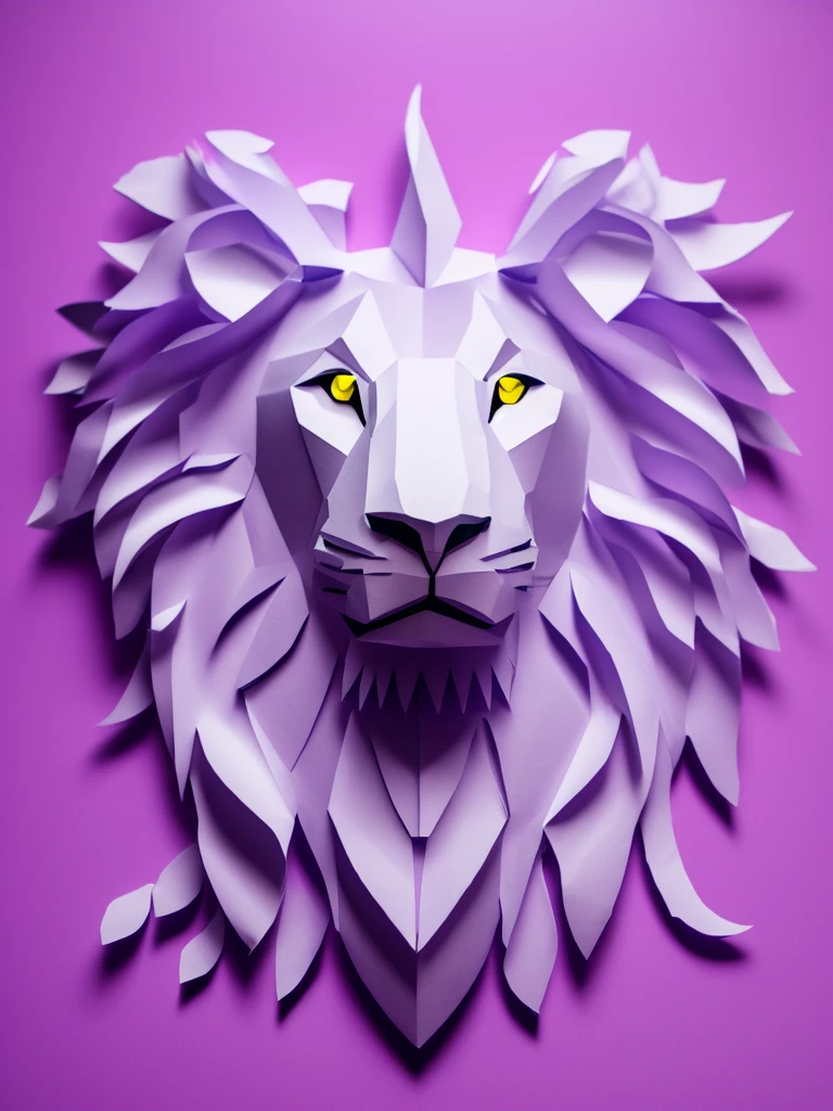 a close up of a paper Lion head on a purple background, paper craft Low Poly, Lion head, made of paper, Paper art, half lion, Paper plastic art, layered Paper art, made of paper, Low Poly, Low Poly, Low Poly digital art, Polygonal Art, Low Poly art, third Lion head, Low Poly