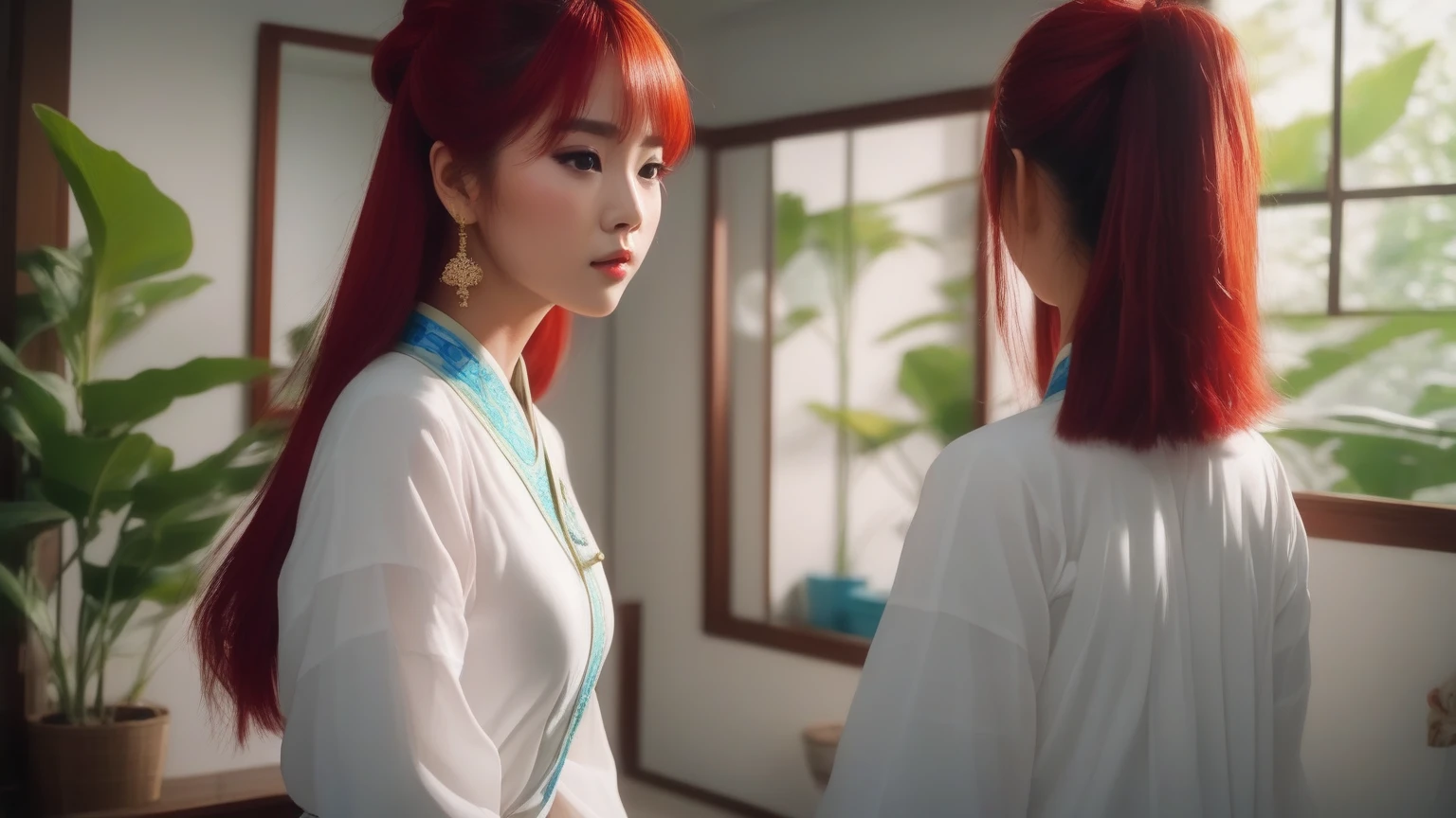 a woman with red hair and a white shirt is looking at a mirror, quy ho, dang my linh, ao dai, bao phan, ngai victo, trailer, inspired by Shao Mi, ruan cute vtuber, new song, album artwork, music video, vshojo, album art cover, meme