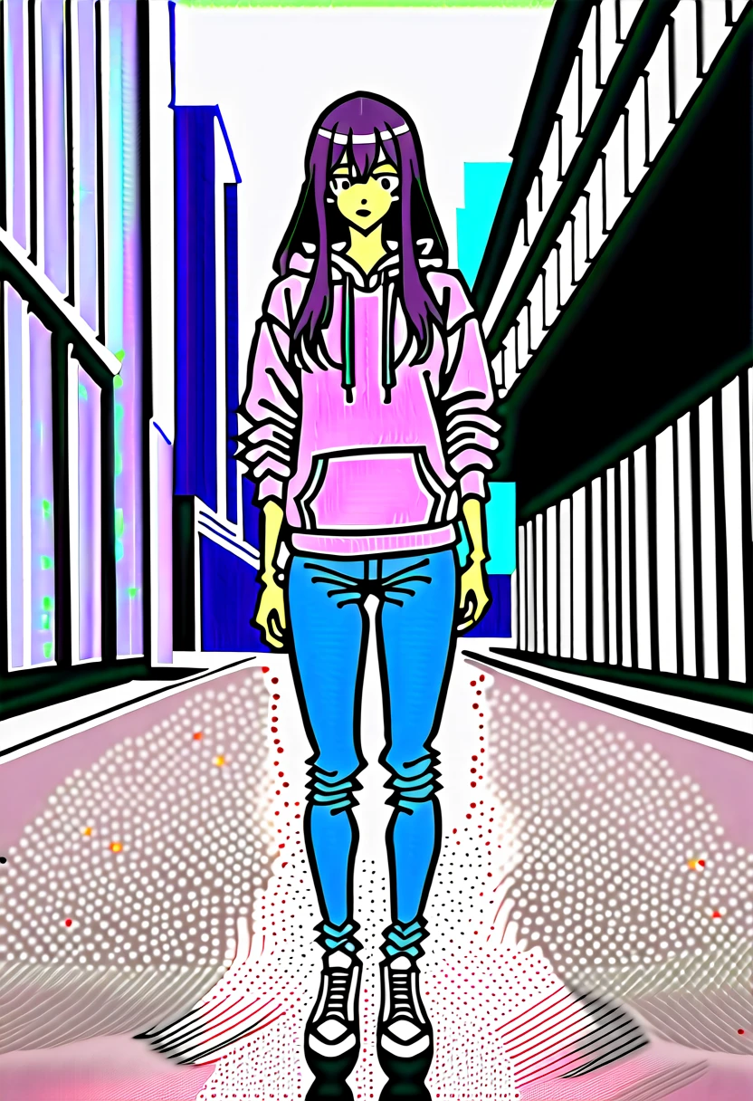 (masterpiece:1.37), best quality, (extremely detailed:1.37) woman, (adult:1.5), (very long hair:1.5), dark purple hair, purple eyes, (extremely detailed eyes:1.37), breasts, hoodie, jeans, (wetting:2.0), standing straight, full body day, daytime, glow, facing viewer, perfect composition, full body, city, street, anime style