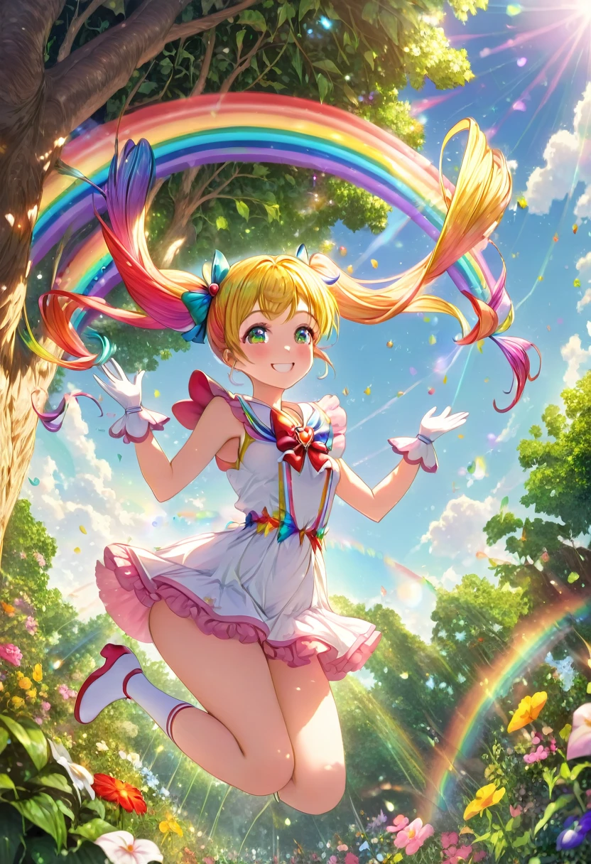 Long, rainbow-colored twin tails:1.9、Bright smile、Beautiful magical girl jumping from a tall tree in a magical garden、Shining morning sunlight、Shooting from a low angle:1.7、Close-up of a girl、Very detailed、complicated、Photorealistic、8K、HDR、Cinematic lighting、Bright colors、Soft and dreamy