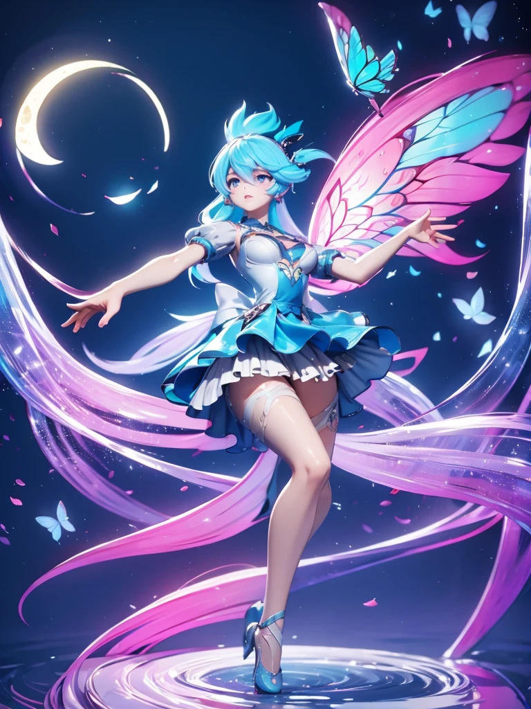 Seizo Watase style, Simple Line Initialism,Abstract art, 3d character, colorful hearts ,(((The most beautiful girl of all time))), (full body 1.2), only girl, very long hair, bufferfly and sky background, 25 year old, full body, (((8k))), (((3d)), blue and pink hair, Large butterfly wings on the back, moon, one hand raised above,