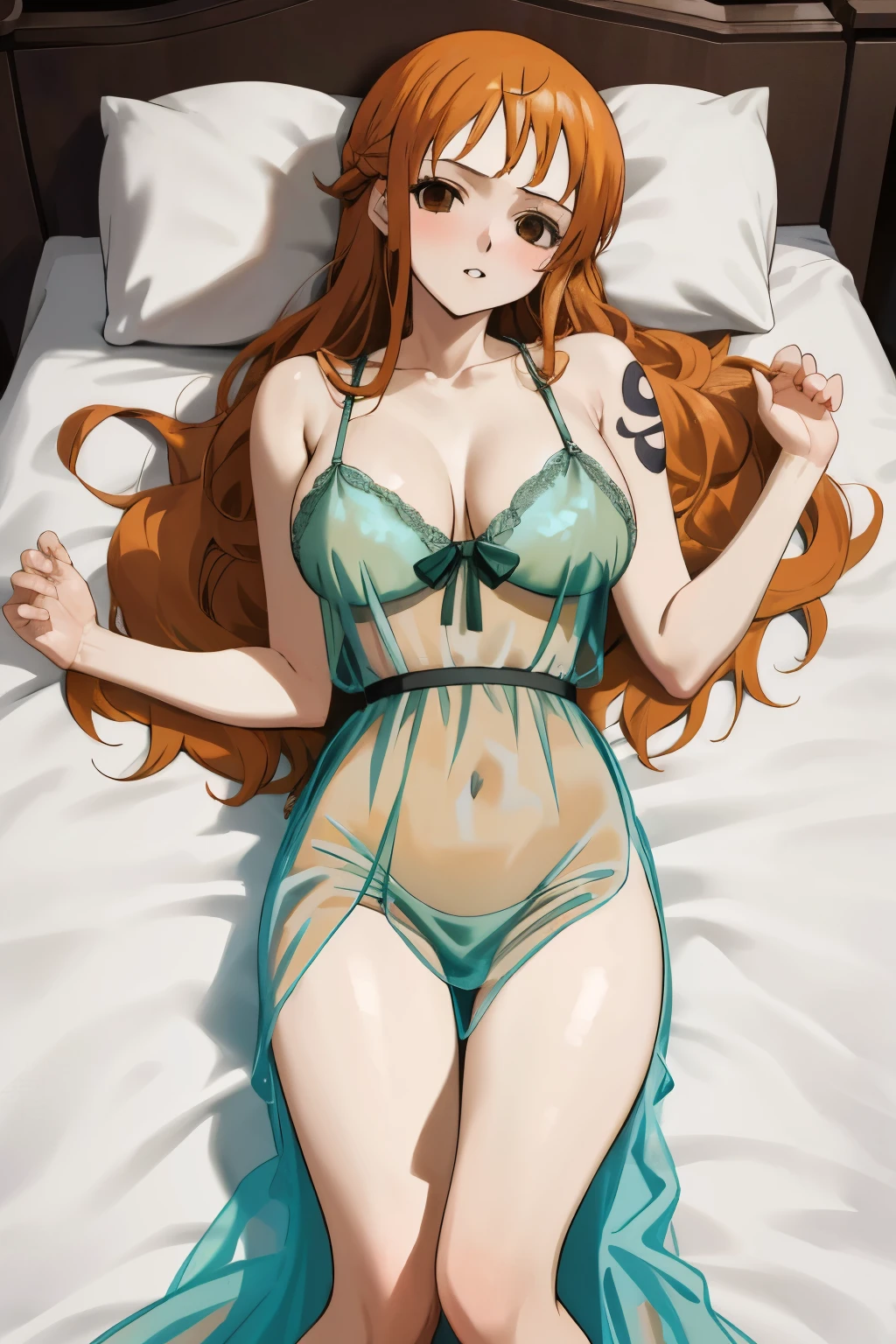 masterpiece, best quality, ultra-detailed, 1girl (namiop, Big and pretty , orange hair, long hair, brown eyes, empty eye), blank face, parted lips, hypnosis, solo, facing viewer, looking at viewer, see-through nightgown, wanostyle, night time, in the bedroom, on the bed, lie down, lying, top view