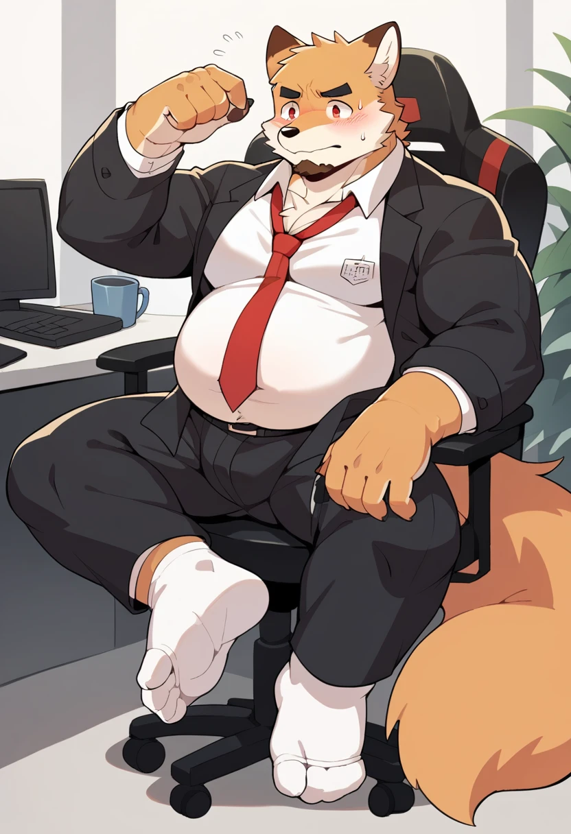 New Jersey 5 Furry,(fox),Solitary,Wildlife,Chubby, Abdominal muscles,Thick Arms,Strong muscles,Chubby脸,Black eyebrows,Red Eyes,beard,Mature,blush,Shy,(Office,Sitting in an office chair),(Black suit,tie,Black pants),Exposed feet,White Socks,(Sweat),From Zixiong, Takemoto Arashi