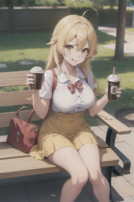 Chica anime sitting on a bench with a cup of coffee, cute Chica anime, ilustración de estilo animado, chica con tema de refrescos, hermosa chica de secundaria anime, una colegiala hiperrealista, Chica anime, young Chica anime, beautiful Chica anime, Chica anime drinks energy drink, estilo anime 4k, ilustración de anime digital, retro Chica anime, anime visual de una linda chica busty