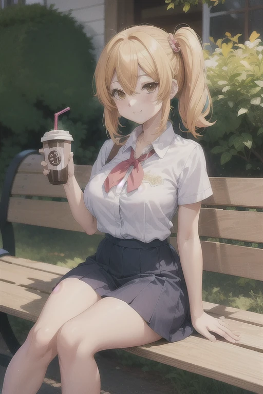 Chica anime sitting on a bench with a cup of coffee, cute Chica anime, ilustración de estilo animado, chica con tema de refrescos, hermosa chica de secundaria anime, una colegiala hiperrealista, Chica anime, young Chica anime, beautiful Chica anime, Chica anime drinks energy drink, estilo anime 4k, ilustración de anime digital, retro Chica anime, anime visual de una linda chica busty