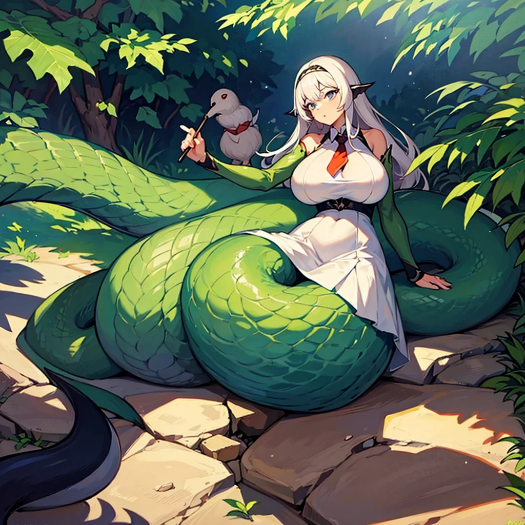 A woman with huge breasts wearing a dress with the lower body of a giant snake,long shot,太い腕