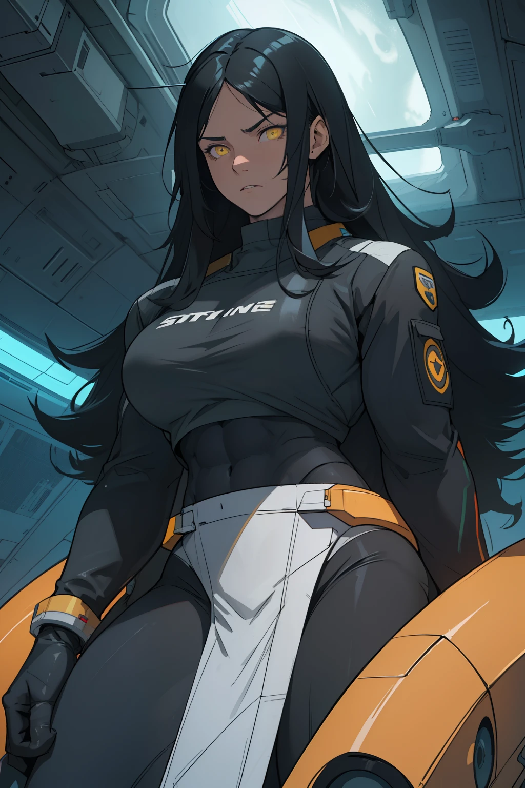 1girl solo black hair yellow eyes very long hair pale skin muscular muscular muscular muscular toned body huge muscles thick thighs girl messy hair leggings tight shirt long sleeves thick thick thick thick thick thick (piloting spaceship) (piloting spaceship) (piloting spaceship) (piloting spaceship) (piloting spaceship) (piloting spaceship) (piloting spaceship) expressionless sad dark atmosphere dark atmosphere dark atmosphere dark atmosphere