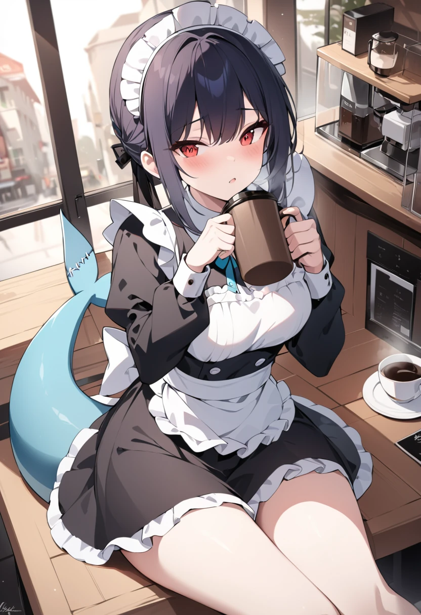 (masterpiece:1.2),Best quality,Very detailed, high resolution,black,Red eyes,black的短发,Maid,sitting in café,Holding a cup of coffee,Cold,black油袜,Shark Tail
