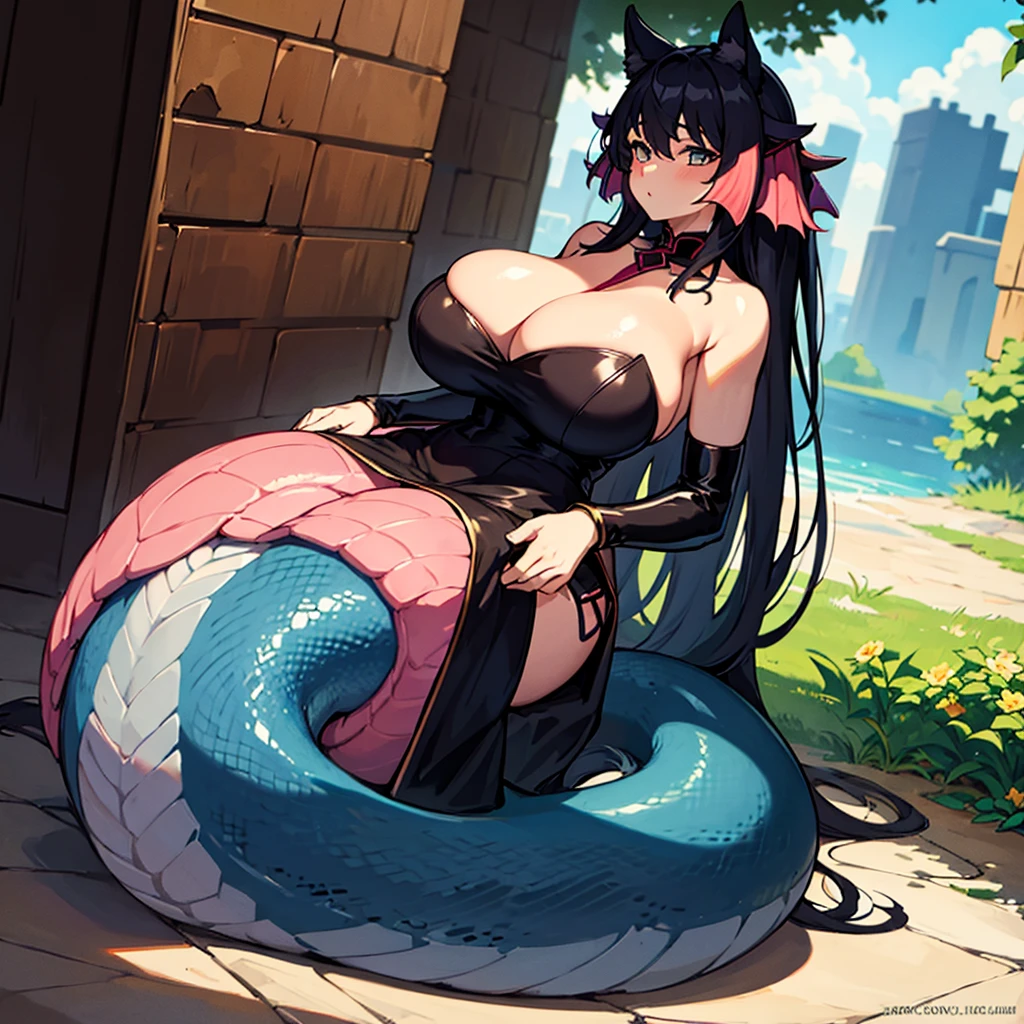 A woman with huge breasts wearing a dress with the lower body of a giant snake,long shot,太い腕