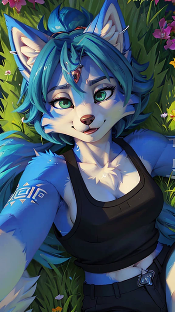 A beautiful and detailed (sweet portrait) wa ((Krystal)), Star Fox Krystal, sslim, lovable, green eyes, medium breasts, (((Long blue hair 1.3))), Decollete, look up,, anthro, furry, Uploaded E621, detailed fluffy fur, (wa Fluff-Kevlar, Bayard Wu, personalize me, Pino Daeni), detailed face, (fluffy), 1 girl, alone, lying on a meadow, everyday clothes, heller pullover 1.3, black trousers, wa Kopf bis Fuß, relaxing lying down, Viewer is above her, Her whole body can be seen