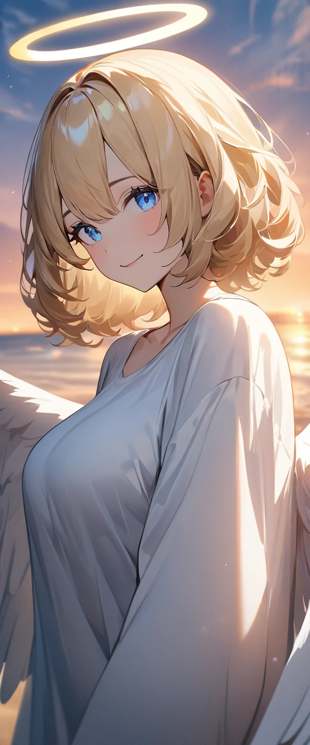 (((One girl))), full wing, flying in the sky, upper body, ((angel, big big white wings:1.2, halo:1.3)), Uriel, ((wavy hair, outward curled hair)), evening, Sunset, sea, beach, ((blond hair, bob cut:1.3)), big breasts, teenager, (looking at viewer), oversized clothes, puffy long sleeves, collarbone, ((off-shoulder sweater dress:1.3, Quite thick shoulder straps)), (((sleeves past wrists:1.3))), ((white sweater)), collarbone, head tilt:1.3, (((blue eye))), ((happy smile)), (((anime style))), (best quality, 4K, 8K, highres, masterpiece:1.2, ultra-detailed, ultra-detailed eyes, HDR, uhd, studio lighting, ultra-fine painting, sharp focus, physically-based rendering, extreme detail description, professional, vivid colors, bokeh), ((Highest quality, Best image quality, Ultra-high resolution, Ultra-high resolution, solo, Strong eye highlights)), Depth of written boundary, Natural soft light, attractive, Beautiful Face, Cleanliness, Pure Face, medium chest, Beautiful Face, Perfect Fingers, Perfect hands, Perfect body, Perfect Face, Shine a light into your eyes, Perfect Anatomy
