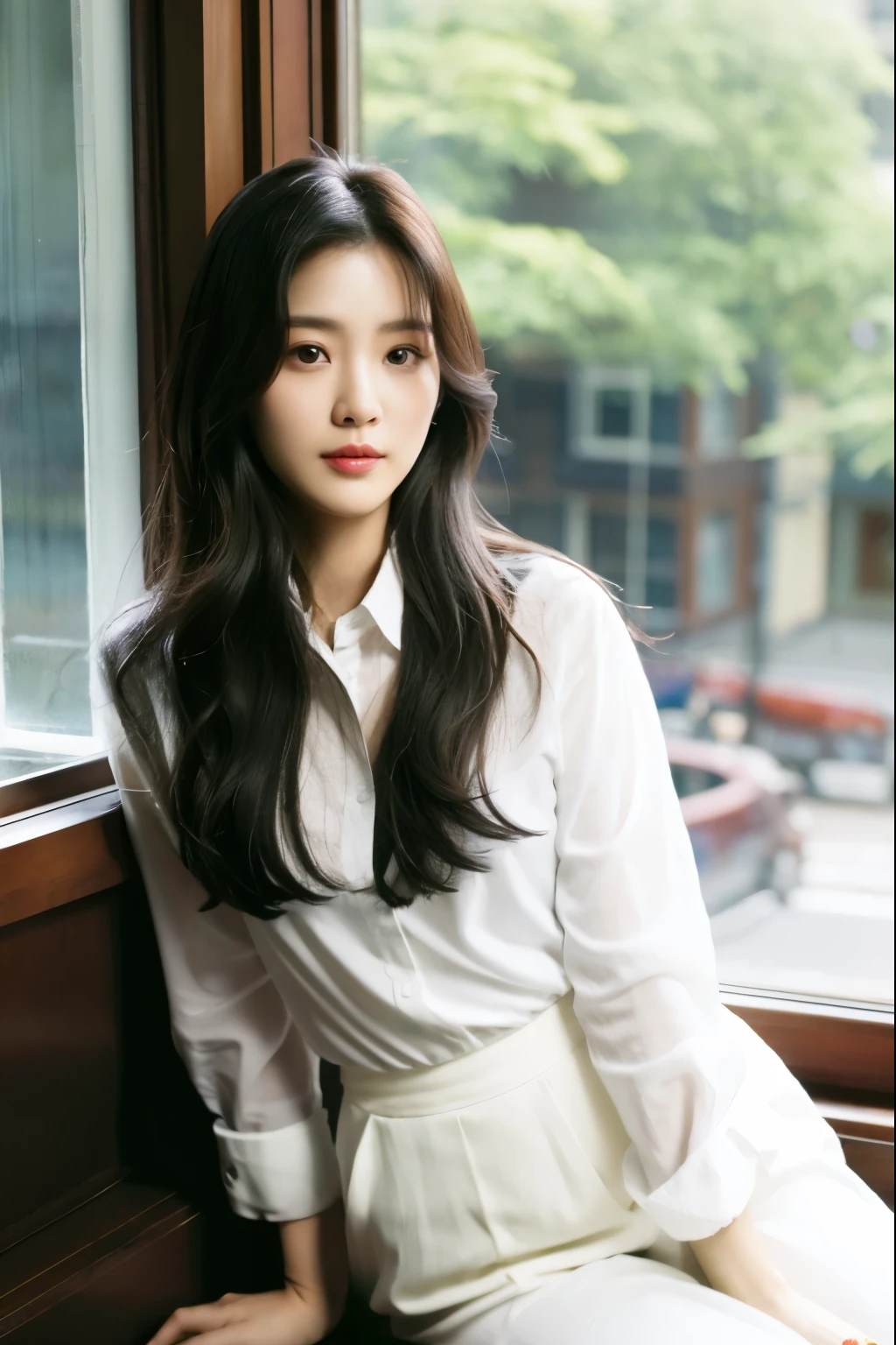 araffe woman with long black hair and white shirt sitting on a window sill, lee ji - eun, lee ji-eun, jaeyeon nam, female actress from korea, cute korean actress, dilraba dilmurat, park ji-min, hwang se - on, heonhwa choe, kwak ji young, beautiful south korean woman