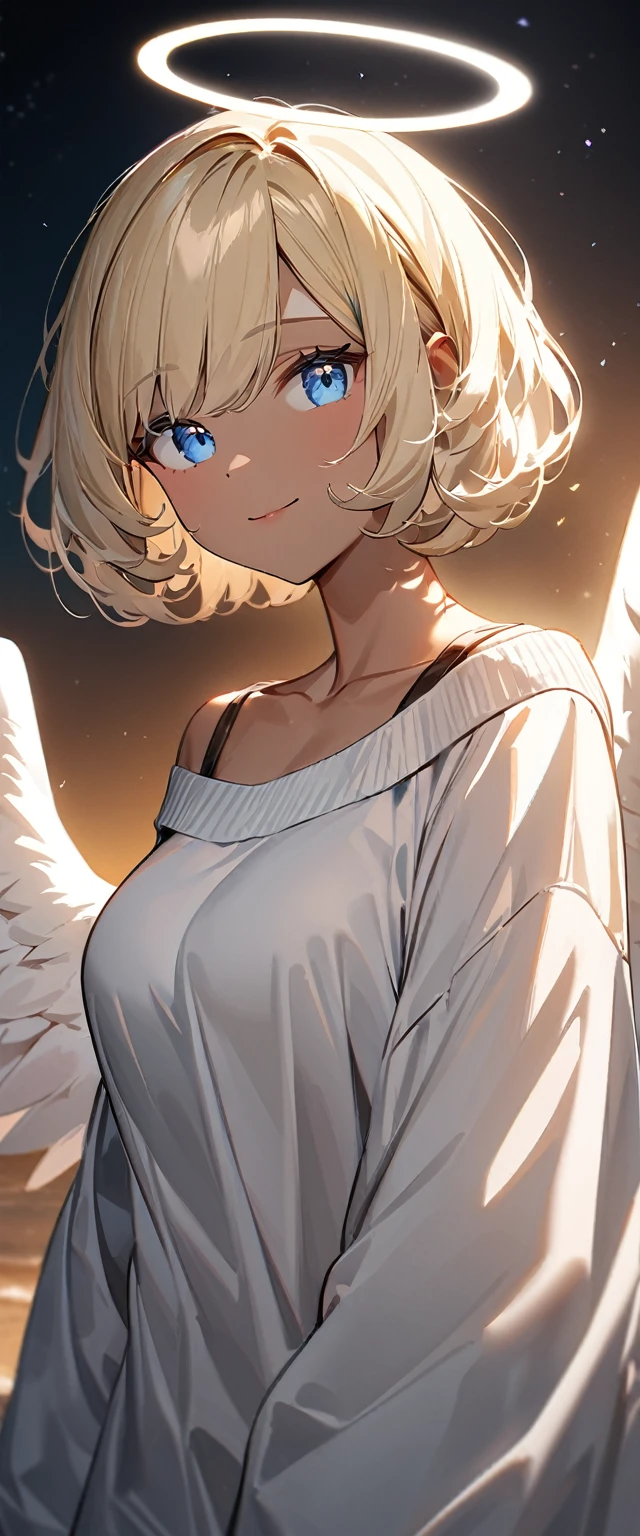 (((One girl))), full wing, ((tanned skin:1.2)), flying in the sky, upper body, ((angel, big big white wings:1.2, halo:1.3)), ((wavy hair)), evening, Sunset, sea, beach, ((blond hair, bob cut:1.3)), big breasts, teenager, (looking at viewer), oversized clothes, puffy long sleeves, collarbone, ((off-shoulder sweater dress:1.3, Quite thick shoulder straps)), (((sleeves past wrists:1.3))), ((white sweater)), collarbone, head tilt:1.3, (((blue eye))), ((happy smile)), (((anime style))), (best quality, 4K, 8K, highres, masterpiece:1.2, ultra-detailed, ultra-detailed eyes, HDR, uhd, studio lighting, ultra-fine painting, sharp focus, physically-based rendering, extreme detail description, professional, vivid colors, bokeh), ((Highest quality, Best image quality, Ultra-high resolution, Ultra-high resolution, solo, Strong eye highlights)), Depth of written boundary, Natural soft light, attractive, Beautiful Face, Cleanliness, Pure Face, medium chest, Beautiful Face, Perfect Fingers, Perfect hands, Perfect body, Perfect Face, Shine a light into your eyes, Perfect Anatomy