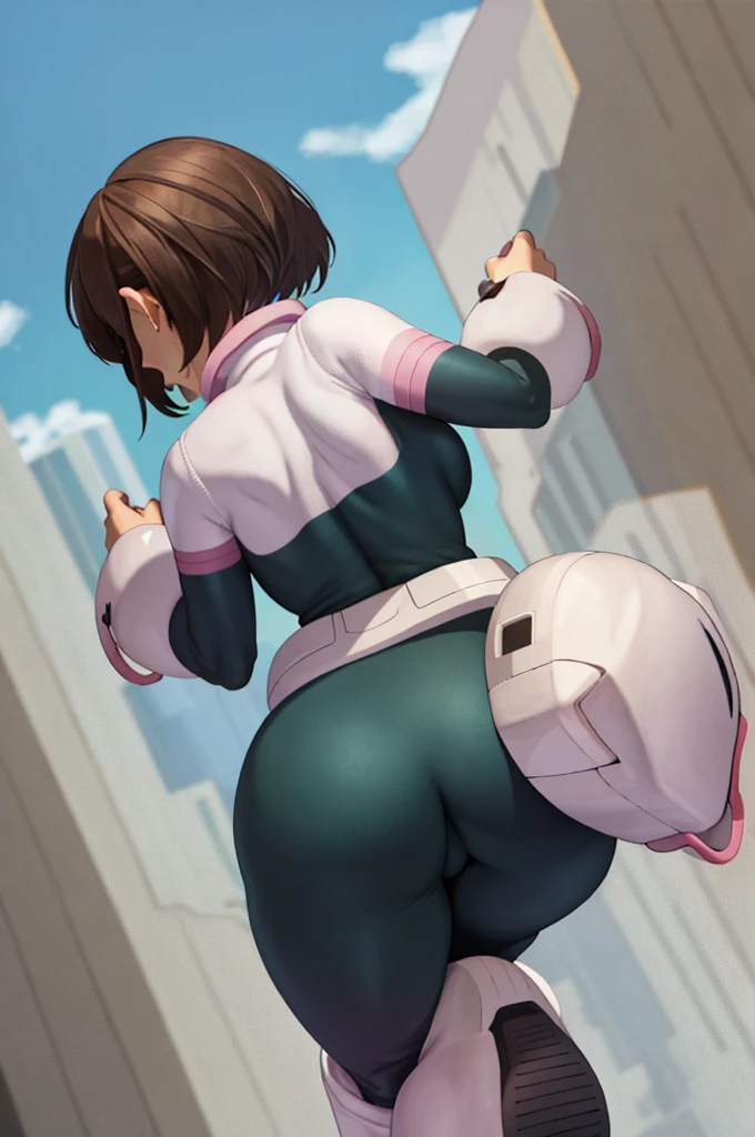 masterpiece, best quality, highres, hmochako, blush stickers, short hair, (((pixie cut 1.6))), huge breasts, superhero, bodysuit, boots, sky, building, mid air,  hand on hip, wide hips, thick thighs ((curvy)), latex suit, sexy, smile, sensual, (((mature female 1.5))), PBR textures, levitating, (((From Behind)))