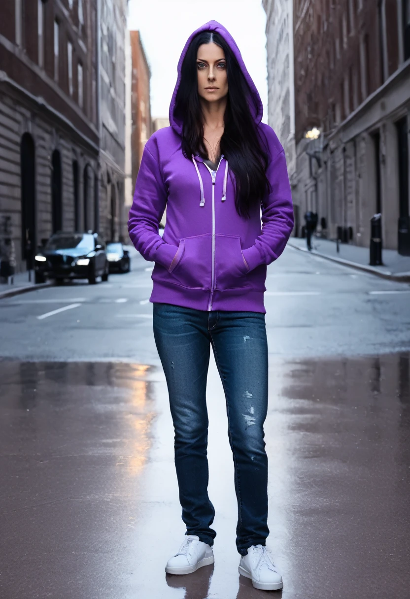 (masterpiece:1.37), best quality, (extremely detailed:1.37) woman, (adult:1.5), (very long hair:1.5), dark purple hair, purple eyes, (extremely detailed eyes:1.37), breasts, hoodie, jeans, (wetting:2.0), standing straight, full body day, daytime, glow, facing viewer, perfect composition, full body, city, street