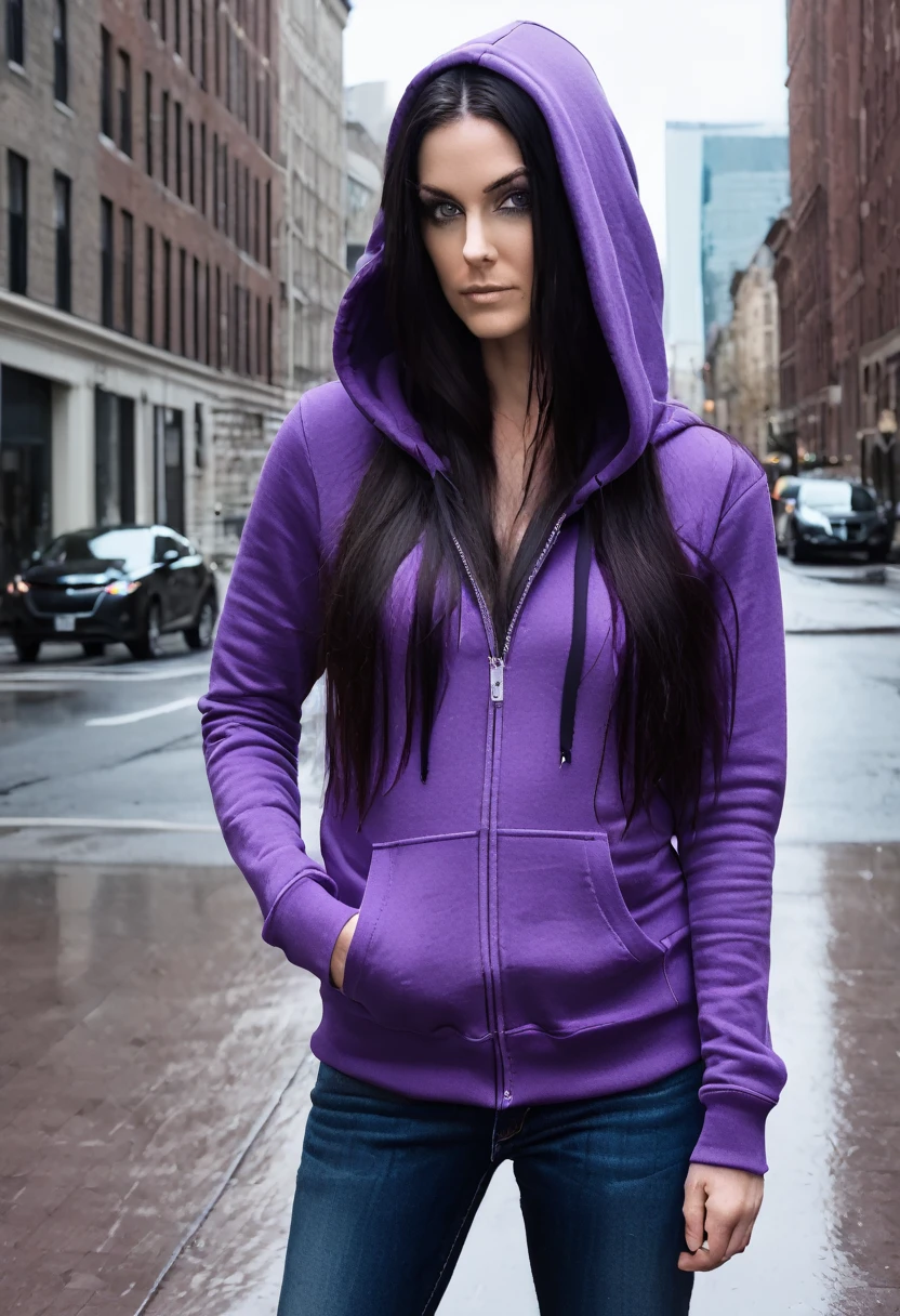 (masterpiece:1.37), best quality, (extremely detailed:1.37) woman, (adult:1.5), (very long hair:1.5), dark purple hair, purple eyes, (extremely detailed eyes:1.37), breasts, hoodie, jeans, (wetting:2.0), standing straight, full body day, daytime, glow, facing viewer, perfect composition, full body, city, street