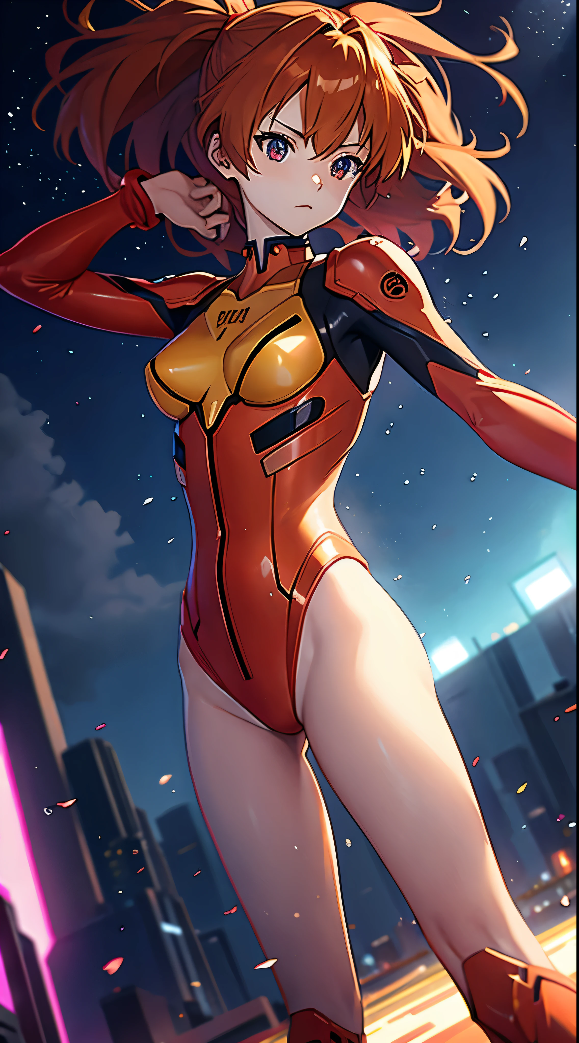 Neon Genesis Evangelion anime characters、Asuka Langley、Dressed in a bright red armor suit、She gracefully poses in front of the camera in high definition footage.。Evangelion: New Theatrical Edition、The background is Evangelion Unit 1.、Provides a breathtaking backdrop for your operations。Asuka raised her hand in determination.、