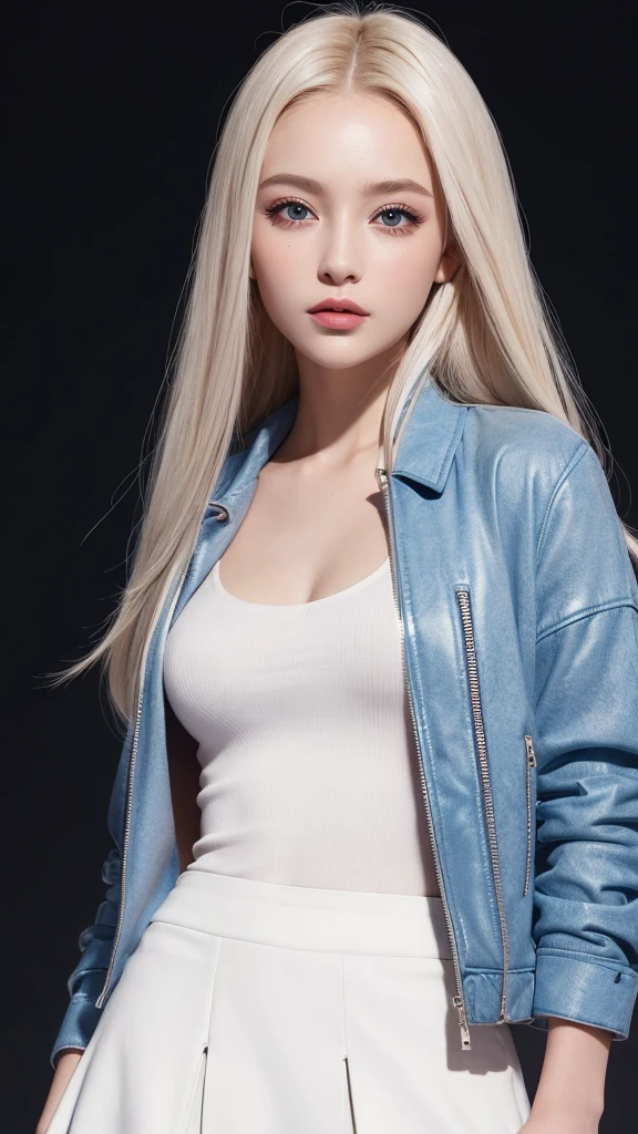 (((open jacket、mini skirt、White background、Cowboy Shot、forehead)))、forehead、Northern Europe、Russia、beautiful girl、Platinum Blonde Hair、Straight long hair、Big blue eyes、Northern Europeの若者、Glowing Skin、Young and beautiful skin、A perfect and beautiful little face、Bright makeup、Pale pink lips、Bright expression、lipstick、Golden Hour Lighting、Movie Light、Intricate details、High resolution、 Detailed features of the face design、Big Breasts