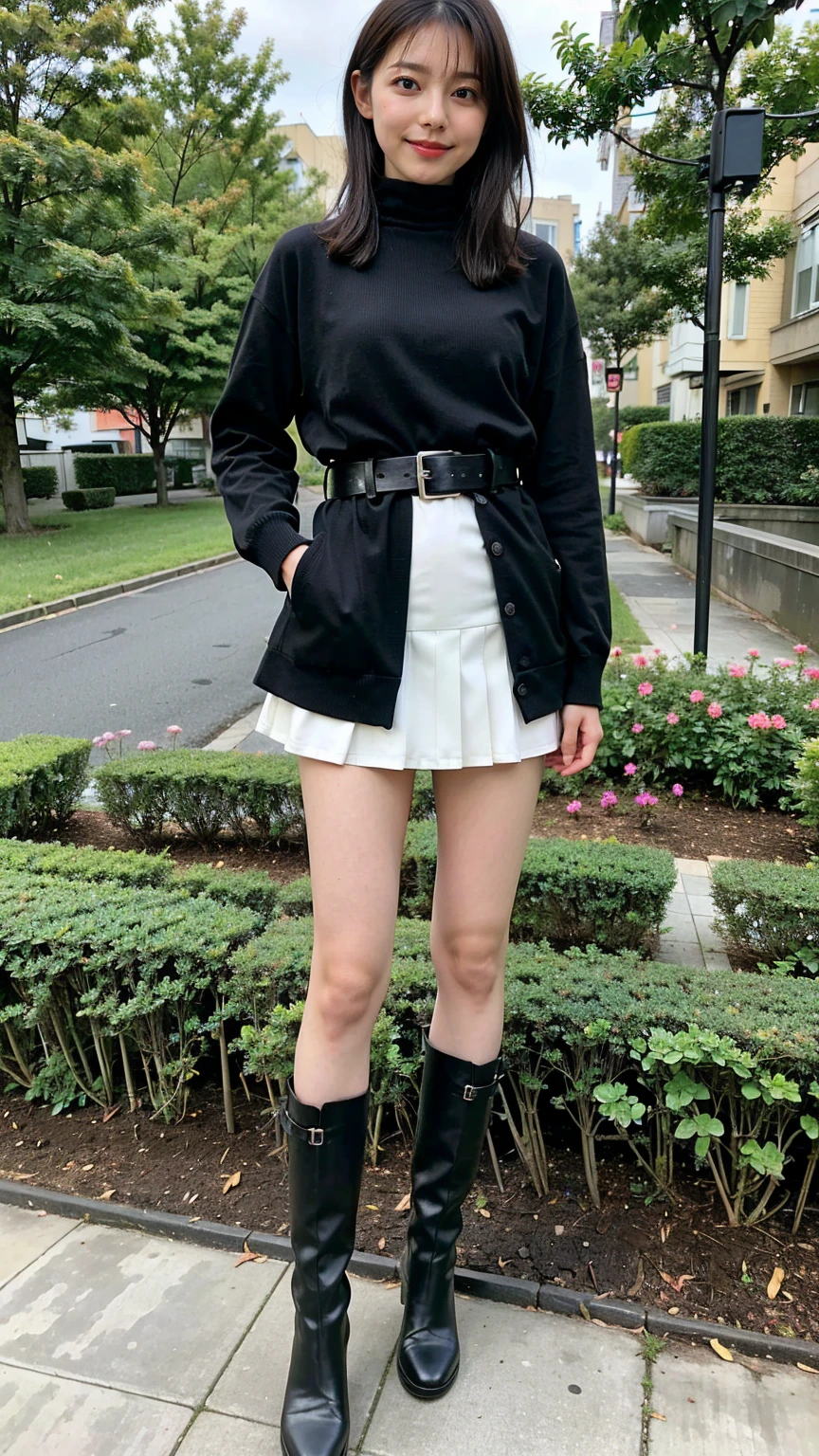 (8K、RAW Photos、Highest quality、masterpiece:1.2)、(Realistic、Realistic)、1 Girl、((Check mini skirt、Medium Hair、black、Thin legs、whole body、boots、blackいコート、one piece、garden、View from the front、Looking into the camera、belt、Stand with hands on hips))、