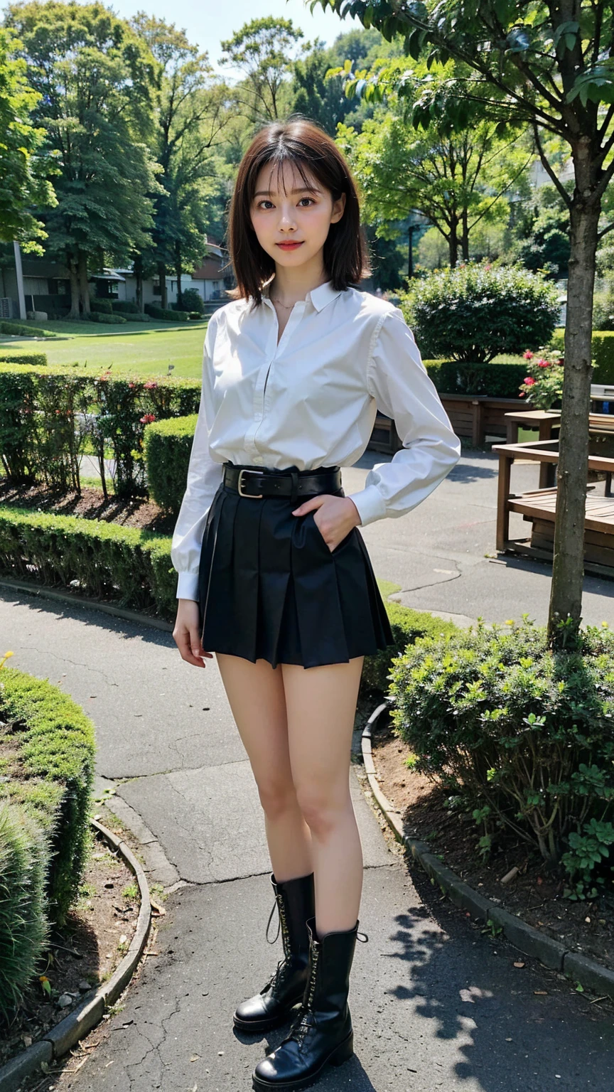 (8K、RAW Photos、Highest quality、masterpiece:1.2)、(Realistic、Realistic)、1 Girl、((Check mini skirt、Medium Hair、black、Thin legs、whole body、boots、blackいコート、one piece、garden、View from the front、Looking into the camera、belt、Stand with hands on hips))、