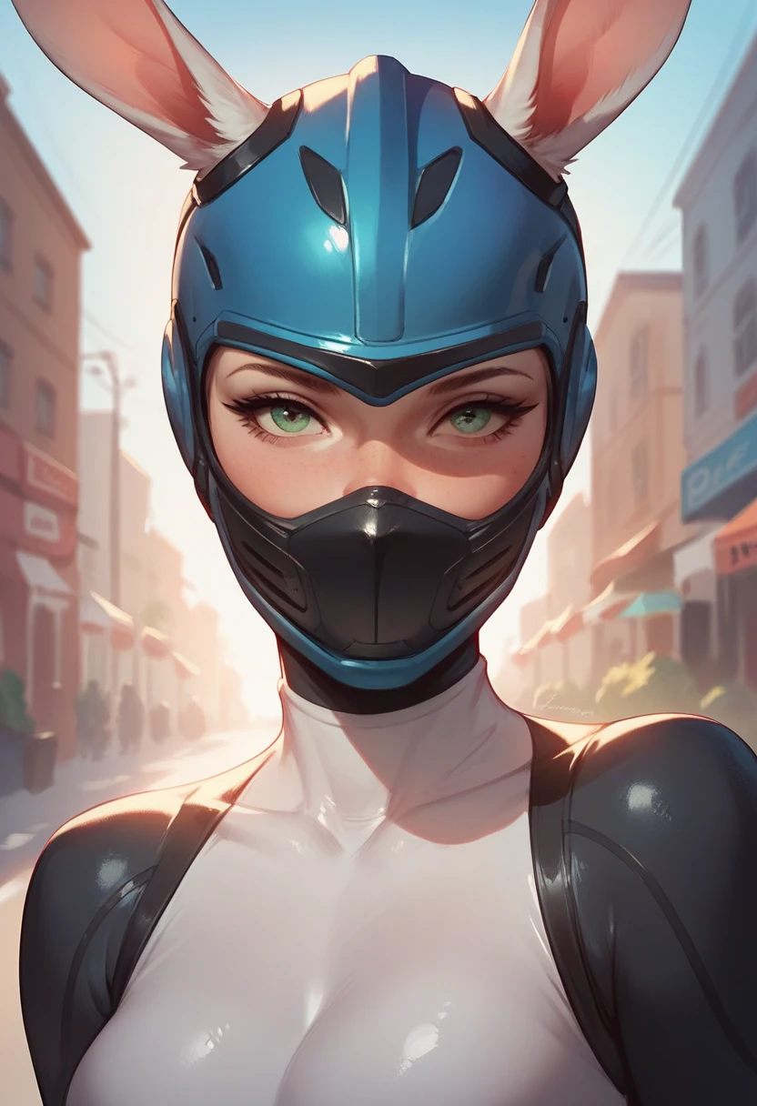 score_9, score_8_up, score_7_up, score_6_up, score_5_up, score_4_up,1girl, looking at the viewer, street, upper body, bodysuit, helmet, bunny,1girl,solo,mask,cowboy