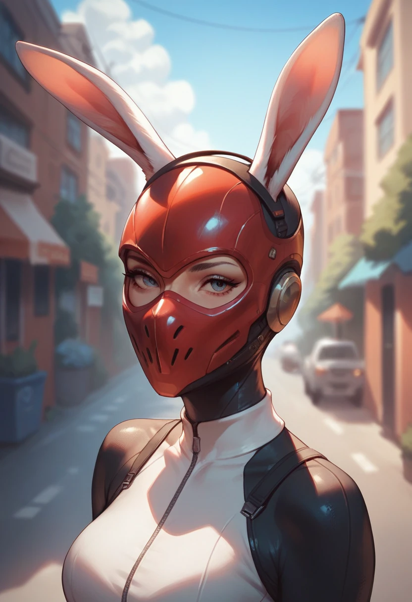 score_9, score_8_up, score_7_up, score_6_up, score_5_up, score_4_up,1girl, looking at the viewer, street, upper body, bodysuit, helmet, bunny,1girl,solo,mask,cowboy