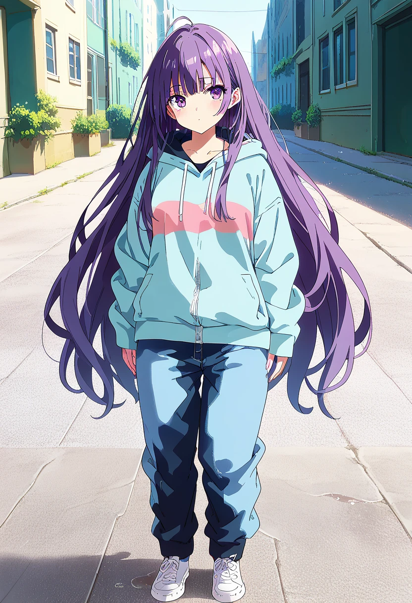 (masterpiece:1.37), best quality, (extremely detailed:1.37) woman, (adult:1.5), (very long hair:1.5), dark purple hair, purple eyes, (extremely detailed eyes:1.37), breasts, hoodie, jeans, (wetting:2.0), standing straight, full body day, daytime, glow, facing viewer, perfect composition, full body, city, street, anime style