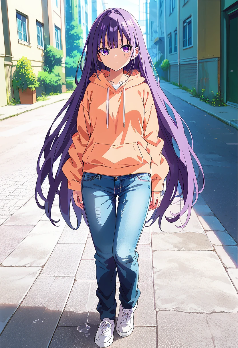 (masterpiece:1.37), best quality, (extremely detailed:1.37) woman, (adult:1.5), (very long hair:1.5), dark purple hair, purple eyes, (extremely detailed eyes:1.37), breasts, hoodie, jeans, (wetting:2.0), standing straight, full body day, daytime, glow, facing viewer, perfect composition, full body, city, street, anime style