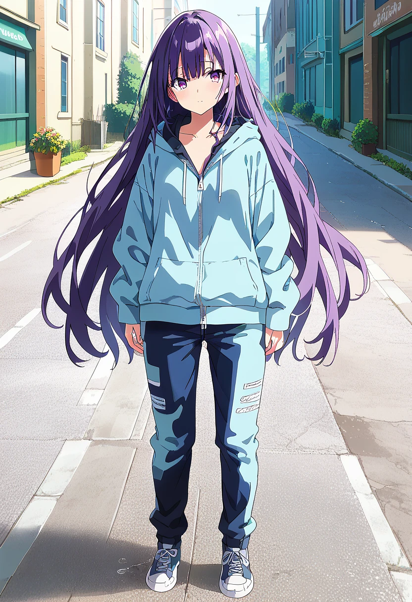 (masterpiece:1.37), best quality, (extremely detailed:1.37) woman, (adult:1.5), (very long hair:1.5), dark purple hair, purple eyes, (extremely detailed eyes:1.37), breasts, hoodie, jeans, (wetting:2.0), standing straight, full body day, daytime, glow, facing viewer, perfect composition, full body, city, street, anime style