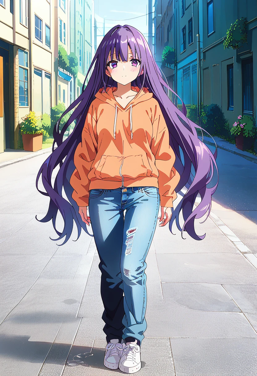 (masterpiece:1.37), best quality, (extremely detailed:1.37) woman, (adult:1.5), (very long hair:1.5), dark purple hair, purple eyes, (extremely detailed eyes:1.37), breasts, hoodie, jeans, (wetting:2.0), standing straight, full body day, daytime, glow, facing viewer, perfect composition, full body, city, street, anime style