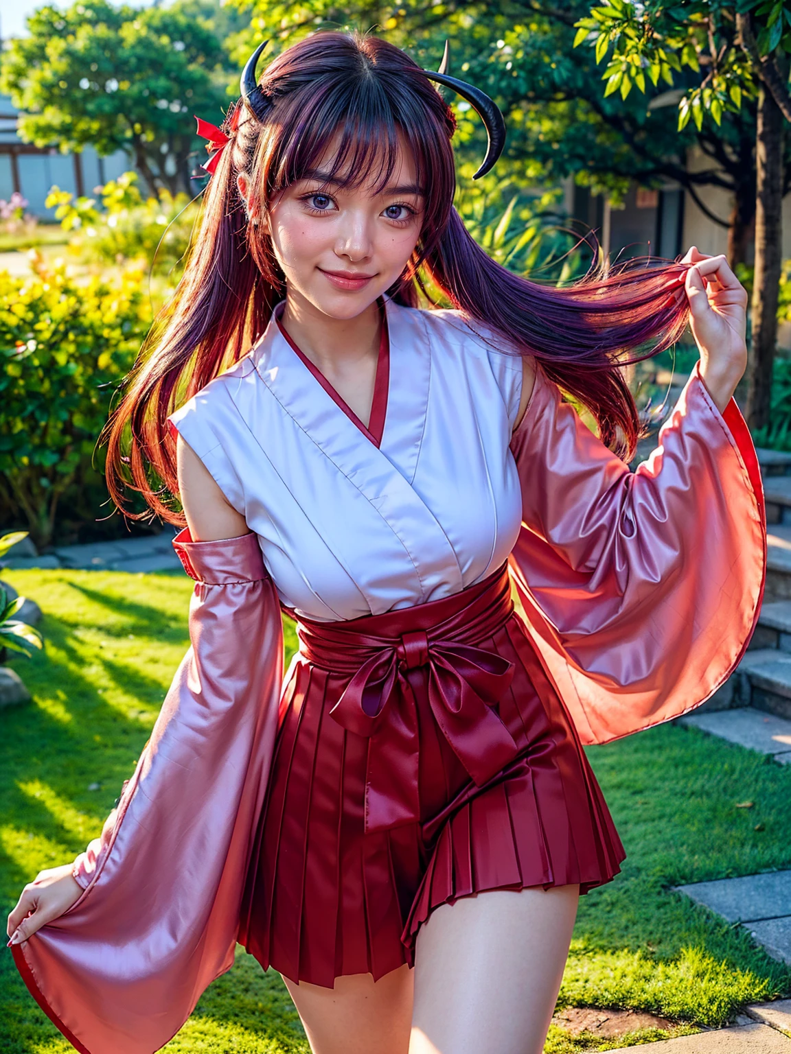 ultra-detailed, ????????, Beautiful body, Beautiful Nose, Beautiful character design, perfect eyes, perfect face, ultra highres, 4K, beautiful legs, perfect legs, Nice hands, Perfect hand, Masterpiece, Best Quality, Highly detailed, illustration, absurdres, perfect ???????, expression of joy, glowing eyes, looking at viewer, mystic aura, female priestess, full body, goddess-like, happy trance, perfect female body, smile, japanese clothes, miko, detached sleeves, hakama, hakama skirt, red hakama, ribbon-trimmed sleeves, joyful eyes, horns, extending the right arm from the shoulder into the air with a straightened hand, 1girl, hair ornaments, purple hair, long hair, purple eyes, (((pixel-perfect, detail-perfect))), solo, 1girl, Hanyuu, higurashi when they cry, umineko when they cry, medium sized natural breasts