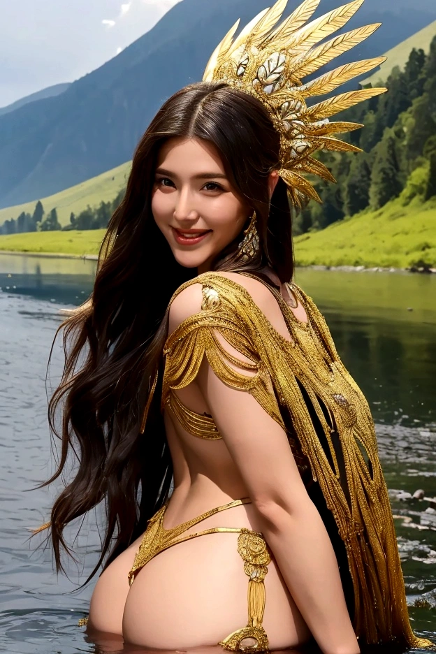 "Create an image of a beautiful American woman in her 20s or 30s. She has long, flowing hair and is wearing a amazon costume. Her body is glamorous with large breasts and a big butt. She has a smiling.The whole body is shown.Among the rivers and mountains.